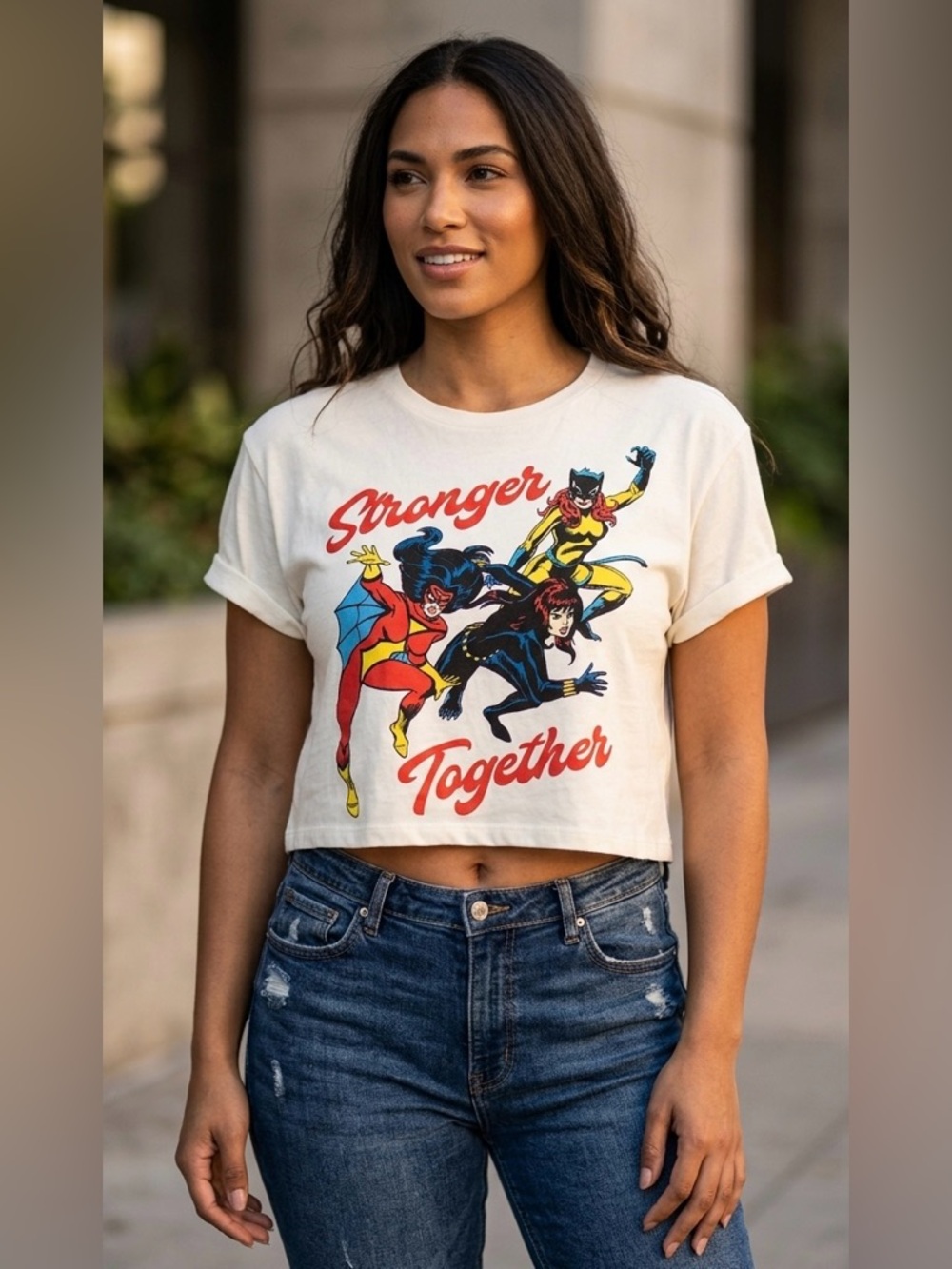 Marvel Women’s Stronger Together Crop Top -‎ Retro Comic Style Graphic Tee